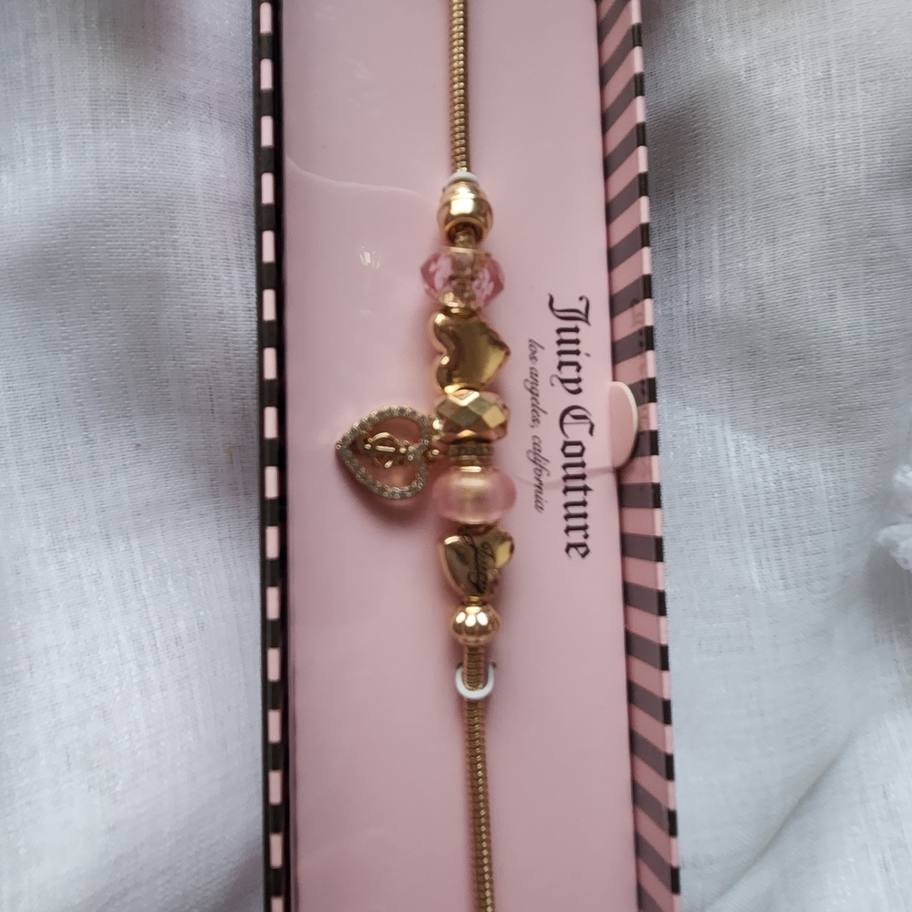 Juicy Couture Pink and Gold Fashion Charm Bracelet New Heart Crown Beaded Charms